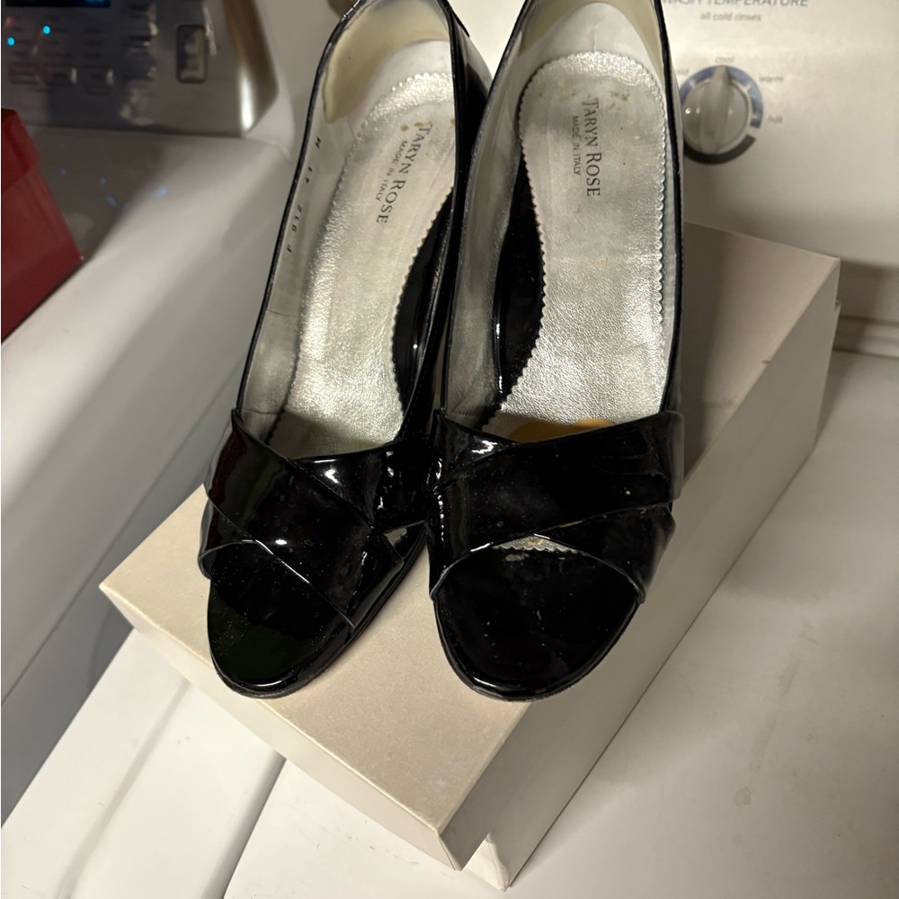 Taryn Rose Black Patent Peep-Toe Heels